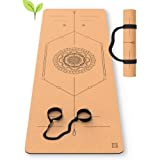Natural Cork Yoga Mat Nonslip Hot Yoga Pilates with Carrying Strap and Lightweight - for hot Yoga and Outdoor or Indoor Yoga - brown chakra wheel design with alignment marks arc lines 5mm matt set.
