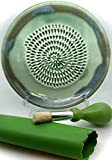 BonCera, All-in-one 4pcs Premium Ceramic Garlic Grater Set - Hand-Made, Green Glazed Design Grater Plate w/Garlic Peeler, Gathering Brush, Display Stand, It's also grating Turmeric, Ginger, and more,