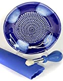 BonCera, All-in-one 4pcs Premium Ceramic Garlic Grater Set - Hand-Made, Blue Glazed Design Grater Plate w/Garlic Peeler, Gathering Brush, Display Stand, It's also grating Turmeric, Ginger, and more,