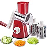 FAVIA Rotary Cheese Grater with Handle - Food Shredder with 3 Stainless Steel Drum Blades, Round Mandoline Slicer Nuts Grinder, BPA Free Dishwasher Safe (Red)
