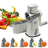 T-GOGO Upgraded Rotary Cheese Grater:Vegetable Grater Shredder Slicer with 5 Interchangeable Stainless Steel Blades,Professional Manual Rotary Slicer for Fruit Vegetable Nut, White, 5.7*7.4*11.4(006)