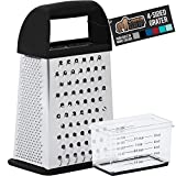 Gorilla Grip Box Grater, Stainless Steel, 4-Sided Graters with Comfortable Handle and Storage Container for Cheese, Vegetables, Ginger, Handheld Food Shredder, Kitchen Zester, 10 inch, Black