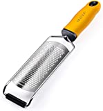 Premium Lemon Zester & Cheese Grater, Zester Grater with Handle for Parmesan, Citrus, Lime, Ginger, Garlic, Fruits, Kitchen, Sharp & Fine Stainless Steel Blades, Wide, Dishwasher Safe (Yellow)