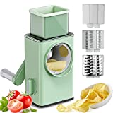 Upgraded Rotary Cheese Grater 2.0 -Round Mandoline Slicer for Kitchen Vegetable Slicer Cutter Cheese Shredder with Handle, Enlarged Feeder Chute and 3 Drum Blades for Vegetable, Potato, Nuts, Blue