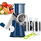 Rotary Cheese Grater Round Mandolin Slicer, Ourokhome Handheld Hashbrown Shredder with 3 Drum Blades, Kitchen Manual Speed Walnut Grinder for Potato, Carrot, Vegetables, Nuts, Zucchini (Dark Blue)
