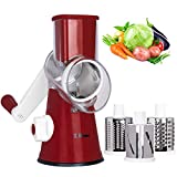 X Home Rotary Cheese Grater, Handheld Vegetables Slicer Cheese Shredder with Rubber Suction Base, 3 Stainless Drum Blades Included, Red