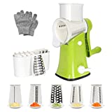Yamxot Rotary Cheese Grater with Handle for Kitchen, Round Mandoline Slicer Vegetable/ Potato /Nuts Graters ,5-in-1 Cheese Shredder with Strong Suction Base, Cut-Resistant Safety Gloves, Green