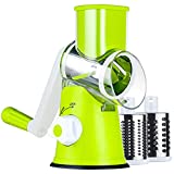 Ancevsk Manual Rotary Cheese Grater - Round Vegetable Slicer with 3 Interchangeable Blades for veggie, Nuts, Fruit （Green）