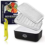 Cheese Grater with Container and Lid & Peeler Set - Vegetable Fruit Multi-Function Stainless Steel Kitchen Utensil Kit with Black Food Plastic Storage Stable Box - Hand Chopper Graters & Peelers