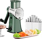 Manual Rotary Cheese Grater Shredder with Handle 5 in 1 Manual Round Mandoline Slicer, Julienne Shredder with Stong Suction Base for Fruit, Vegetables, Nuts (Green)