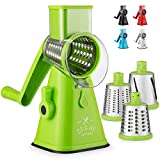 Zulay Kitchen Manual Rotary Cheese Grater with Handle - Round Cheese Shredder Grater with 3 Interchangeable Stainless Steel Blades - Easy To Use Fruit, Nut, and Vegetable Grater (Light Green)