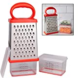 Box Cheese Grater w 2 Attachable Storage Containers- 4-Sided Stainless Steel Slicer and Shredder- 2 Hoppers for Cheeses, Vegetables, Chocolate - Soft Grip Handle and Non-Slip Base