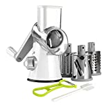 Ourokhome Rotary Cheese Grater Shredder - 3 Drum Blades Manual Vegetable Slicer Nut Grinder with Vegetable Peeler and Cleaning Brush (white Gray)