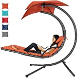 Best Choice Products Outdoor Hanging Curved Steel Chaise Lounge Chair Swing w/Built-in Pillow and Removable Canopy, Orange