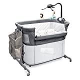 4in1 Bedside Bassinet for Baby Girl or Boy, Converts to a Crib and Playpen Usable up to 12 Months Old, Large Diaper Caddy, 4 Sheets, Crib Mobile, and 4 Spinner Wheels by OPTIMISK