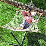 PNAEUT Max 475lbs Capacity Double Hammock with Stand Included 2 Person Heavy Duty Traditional 2 People Rope Hammocks Stand with Pillow for Outside Porch Patio Garden Backyard Outdoor ( Burlywood )