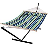 SUNCREAT Hammock with Stand 2 Person Heavy Duty, Freestanding Hammock with Spreader Bar, Soft Pillow, Green Stripes
