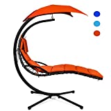 Giantex Hanging Chaise Lounger Chair, Arc Stand Porch Swing Chair w/Canopy, Cushion Built-in Pillow, Outdoor Freestanding Swing Hammock Chair for Patio Poolside Backyard Garden (Orange)