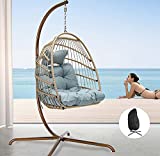 NICESOUL Indoor Outdoor Patio Wicker Hanging Egg Chair with Stand Porch Swing Hammock UV Resistant Cushions 350lbs Capaticy for Balcony Bedroom with Cover