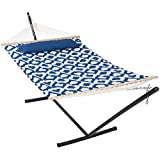 Lazcorner Double Hammock with 12 Feet Heavy Duty Steel Stand Combo, 2 Person Quilted Fabric Hammocks with Stand for Outdoors Indoors, 450 LBS Weight Capacity, Blue White Drop