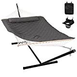 Lazcorner Outdoor Hammock with Stand 12FT, Heavy Duty Hammock with Steel Stand, Included Detachable Pillow and Hammock Pad, 450 LBS Weight Capacity, Gray