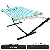Cotton Rope Pad Hammock with Stand 400lbs Capacity, Indoor Outdoor Use 12 Feet Hammock Stand Spreader Bar Hammock Pad and Pillow Combo 2 Storage Bags Included (Cyan Stripe)