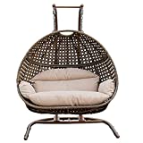 Hanging Egg Chair with Stand, 2 Person Heavy Duty Hanging Wicker Rattan Swing Chair Basket Hammock Nest Chair Seat for Indoor Outdoor Patio Lounger Swinging Loveseat (Beige)