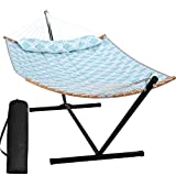 SUNCREAT 2 Person Outdoor Hammock with Curved Spreader Bar, Heavy Duty Patio Hammock with Stand for Outdoor, Garden, Backyard, Green Drops