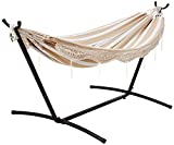Amazon Basics Double Hammock with 9-Foot Space Saving Steel Stand and Carrying Case, Beige Stripe with Lace, 450 lb Capacity
