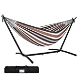 Prime Garden Cotton Rope Hammock with Space Saving Steel Hammock Stand, 2 Person Double Freestanding Hammock with Carry Bag for Outdoor Patio Yard Backyard 450 lb Capacity Coffee Stripe