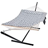SUNCREAT Outdoor Double Hammock with Stand, Two Person Cotton Rope Hammock with Polyester Pad, Circle Pattern