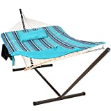 Lazy Daze Hammocks Double Outdoor Hammock with 12FT Steel Stand, 2 Person Cotton Rope Hammock with Quilted Pad, Spreader Bars, Detachable Pillow, Mag Bag & Cup Holder, Blue Ocean Stripe