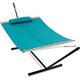 Gafete Large Two Person Hammock with Stand Included Heavy Duty Portable Cotton Double Hammocks with Hardwood Spreader Bar Soft Pillow for Patio Outdoor, Max 475lbs Capacity ( Aqua )