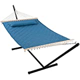 Lazcorner Double Hammock with 12 Feet Heavy Duty Steel Stand Combo, 2 Person Quilted Fabric Hammocks with Stand for Outdoors Indoors, 450 LBS Weight Capacity, Blue