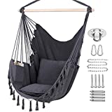 Y- STOP Hammock Chair Hanging Rope Swing, Max 330 Lbs, 2 Cushions Included, Large Macrame Hanging Chair with Pocket, Cotton Weave for Superior Comfort, Durability (Grey)