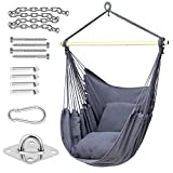 Hammock Chair Swing with Hardwares, Ohuhu XL Portable Hanging Chairs with Cushions Installation Kit Detachable Metal Support Bar Side Pocket for Indoor Outdoor Patio Bedrooms Teen Girls Room Decor