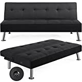Yaheetech Modern Convertible Futon Sofa Bed w/ 2 Integrated USB Charging Ports Fabric Loveseat Couch Metal Legs, 3 Angles Adjustable Back for Compact Living Space, Apartment, Dorm, Bonus Room Black