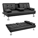 JUMMICO Futon Sofa Bed Faux Leather Couch Bed Modern Convertible Folding Recliner with 2 Cup Holders for Living Room (Black)