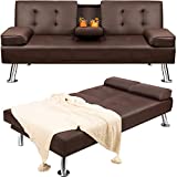 YESHOMY Futon Sofa Bed Modern Faux Leather Convertible Folding Lounge Couch for Living Room with 2 Cup Holders, Removable Soft Armrest and Sturdy Metal Leg, Full, Brown