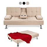 Best Choice Products Linen Upholstered Modern Convertible Folding Futon Sofa Bed for Compact Living Space, Apartment, Dorm, Bonus Room w/Removable Armrests, Metal Legs, 2 Cupholders - Beige