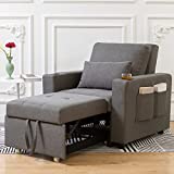 Sturmfei Chair Bed Sleeper，3 in 1 Convertible Chairs into Beds, Pull Out Sleeper Chair, Futon Chairs That Turn into Beds with 2 Lumbar Pillows Side Pockets and Cup Holders Tufted Fabric (Grey)