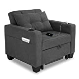 DURASPACE Futon Chair Bed Sleeper Convertible Chair 3-in-1 Pull Out Sleeper Chair Beds with USB Ports, Pillows, Arms, Cup Holder (Charcoal Gray)
