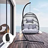 Indoor Outdoor Patio Wicker Hanging Chair Swing Hammock Egg Basket Chairs UV Resistant Cushions 350lbs Capaticy for Patio Backyard Balcony (Grey with Cover)