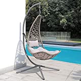 SUNSITT Swing Egg Chair Outdoor Indoor Wicker Hammock Hanging Chair Patio Lounge Chair with Stand and Cushions for Balcony, Deck, Bedroom, Grey Wicker