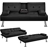 Yaheetech Linen Fabric Modern Sofa Bed Futon Couch Bed Folding Recliner Sleeper Reversible Loveseat Convertible Daybed, 2 Cup Holders, 3 Angles, 772lb Capacity, Removable Armrests, Black
