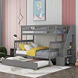 Solid Wood Twin Over Full Bunk Beds with Trundle, Bunk Beds for Kids with Stairs and Guard Rail (Gray (Bunk Bed with Trundle))