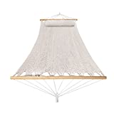 HFKJ Hammock Hand Made Cotton Rope Dense Net Hammock Suitable for Indoor and Outdoor Terrace Courtyard Double Solid Wood 2-Person Hammock with Binding Rope and Hook Bearing 550Pounds Beige(Natural)