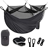 Gold Armour Camping Hammock with Mosquito Bug Net - Double Parachute Lightweight Nylon Hammocks with Tree Straps Adult Kids Premium Camping Equipment Gear and Accessories (Gray, Double)