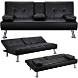Yaheetech Convertible Sofa Bed Adjustable Couch Sleeper Modern Faux Leather Home Recliner Reversible Loveseat Folding Daybed Guest Bed, Removable Armrests，Cup Holders, 3 Angles, 772lb Capacity, Black