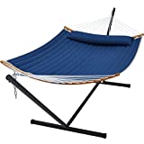 SUPERJARE Curved-Bar Hammock with Stand, 2 Person Heavy Duty Hammock Frame, Detachable Pillow & Portable Carrying Bag, Perfect for Outdoor & Indoor - Navy Blue
